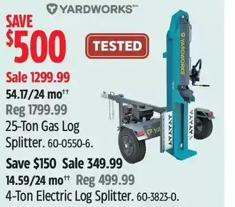 Canadian Tire Yardworks 25-ton gas log splitter | 4-ton electric log splitter offer