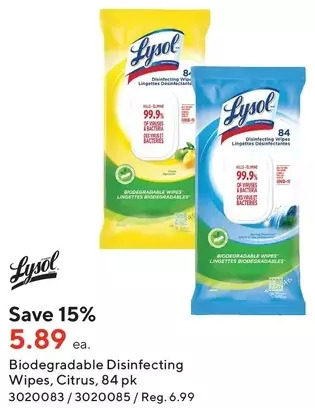 Staples Lysol biodegradable disinfecting wipes offer