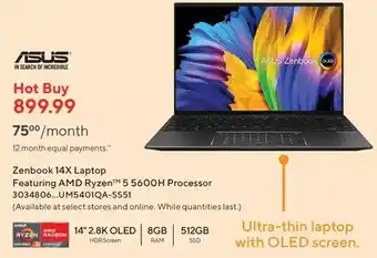 Staples Asus zenbook 14x laptop featuring amd ryzen 5 5600h processor, 14 2.8k oled hdr screen, 8gb ram, 512gb ssd offer