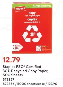 Staples Staples fsc certified 30% recycled copy paper offer