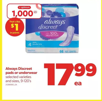 Real Canadian Superstore Always discreet pads or underwear offer