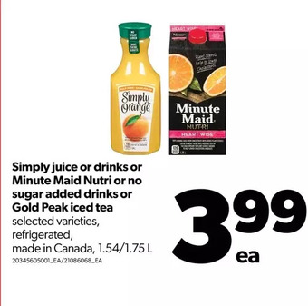 Real Canadian Superstore Simply juice or drinks or minute maid nutri or no sugar added drinks or gold peak iced tea offer