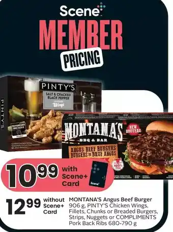 Sobeys Montana's angus beef burger, pinty's chicken wings, fillets, chunks or breaded burgers, strips, nuggets or compliments pork b offer