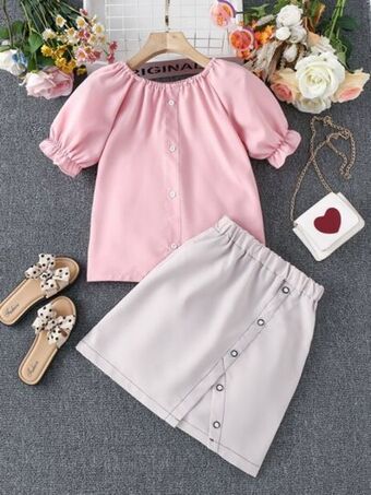 SheIn Girls puff sleeve blouse & button detail slit hem skirt offer