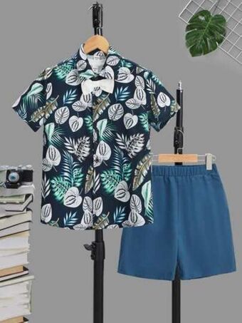 SheIn Shein boys tropical print bow front shirt & shorts offer