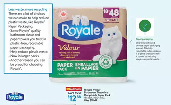Walmart Royale velour bathroom tissue in a recyclable paper pack offer