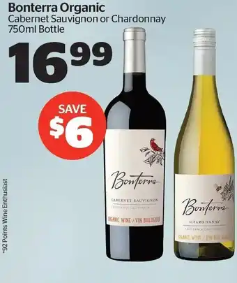 Co-op Bonterra Organic Cabernet Sauvignon or Chardonnay 750ml Bottle offer