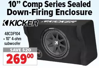 2001 Audio Video Kicker 10 comp series sealed down-firing enclosure offer