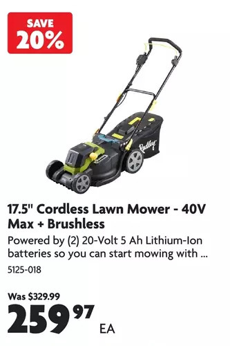 Home Hardware 17.5 cordless lawn mower 40v max + brushless offer