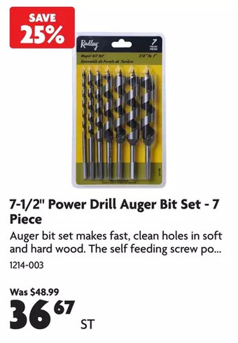 Home Hardware 7-1/2 power drill auger bit set - 7 piece offer