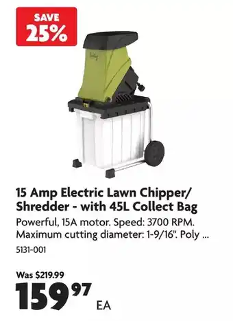 Home Hardware 15 amp electric lawn chipper/shredder - with 45l collect bag offer