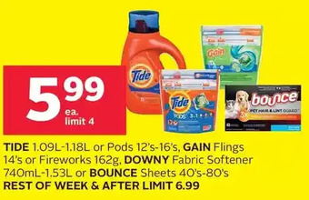 Rexall Tide or pods, gain flings or fireworks, downy fabric softener or bounce sheets offer