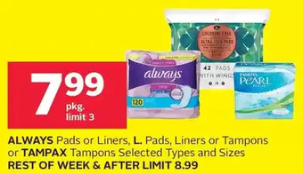 Rexall Always pads or liners, l. pads, liners or tampons or tampax tampons offer