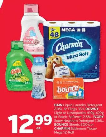 Rexall Gain liquid laundry detergent or flings, downy light or unstopables or fabric softener, ivory snow newborn detergent, bounce offer