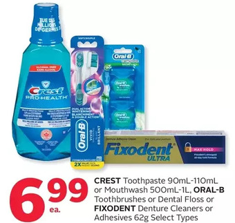 Rexall Crest toothpaste or mouthwash, oral-b toothbrushes or dental floss or fixodent denture cleaners or adhesives offer