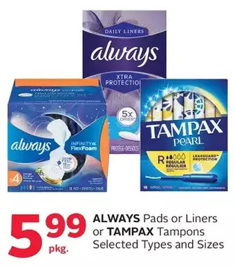 Rexall Always pads or liners or tampax tampons offer