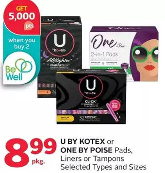 Rexall U by kotex or one by poise pads, liners or tampons offer