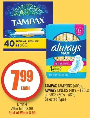 Shoppers Drug Mart Tampax tampons, always liners or pads offer