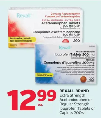 Rexall Rexall brand extra strength acetaminophen or regular strength ibuprofen tablets or caplets offer