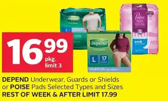 Rexall Depend underwear, guards or shields or poise pads offer