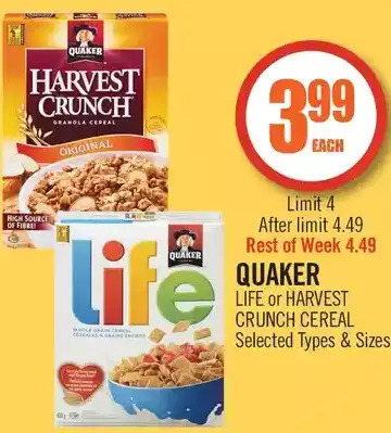 Quaker life or harvest crunch cereal offer at Shoppers Drug Mart