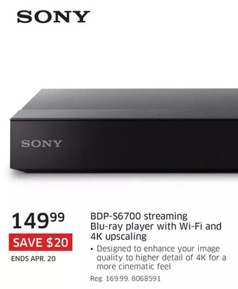 The Source Sony bdp-s6700 streaming blu-ray player with wi-fi and 4k upscaling offer