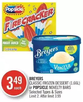 Shoppers Drug Mart Breyers classic frozen dessert or popsicle novelty bars offer