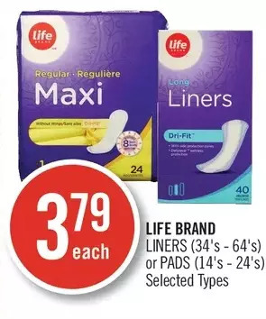 Shoppers Drug Mart Life brand liners or pads offer