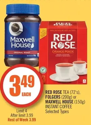 Shoppers Drug Mart Red rose tea, folgers or maxwell house instant coffee offer