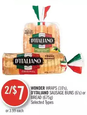 Shoppers Drug Mart Wonder wraps, d'italiano sausage buns or bread offer