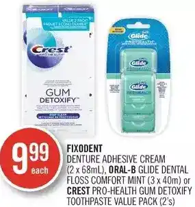 Shoppers Drug Mart Fixodent denture adhesive cream, oral-b glide dental floss comfort mint or crest pro-health gum detoxify toothpaste value pac offer