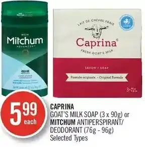Shoppers Drug Mart Caprina goat's milk soap or mitchum antiperspirant/deodorant offer