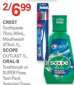 Guardian Pharmacy Crest toothpaste, mouthwash, scope outlast, oral-b toothbrush or super floss twin pack offer