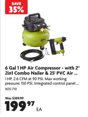 Home Hardware 6 gal 1 hp air compressor - with 2 2in1 combo nailer & 25' pvc air hose offer