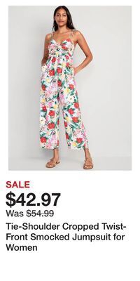 Old Navy Tie-shoulder cropped twist-front smocked jumpsuit for women offer