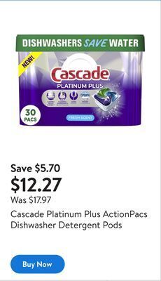 Walmart Cascade platinum plus actionpacs dishwasher detergent pods offer