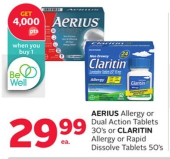 Rexall Aerius allergy or dual action tablets 30' s or claritin allergy or rapid dissolve tablets 50' s offer