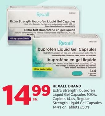 Rexall Rexall brand extra strength ibuprofen liquid gel capsules 100' s, caplets 144' s, regular strength liquid gel capsules 144' s offer