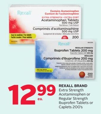 Rexall Rexall brand extra strength acetaminophen or regular strength ibuprofen tablets or caplets 200' s offer