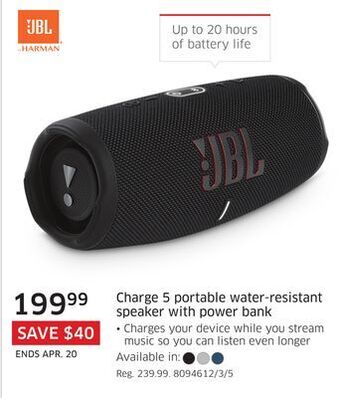 The Source Jbl charge 5 portable water-resistant speaker with power bank offer