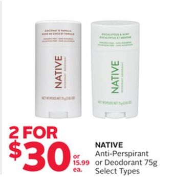 Rexall Native anti-perspirant or deodorant 75g offer