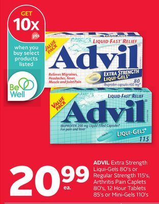 Rexall Advil extra strength liqui-gels 80' s or regular strength 115' s, arthritis pain caplets 80' s, 12 hour tablets 85' s or mini offer