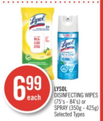 Shoppers Drug Mart Lysol disinfecting wipes (75's - 84's) or spray (350g - 425g) offer