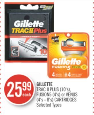 Shoppers Drug Mart Gillette trac ii plus (10's), fusion5 (4's) or venus (4's - 8's) cartridges offer