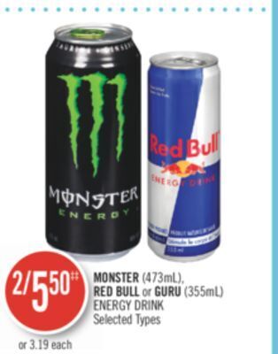 Shoppers Drug Mart Monster (473ml), red bull or guru (355ml) energy drink offer