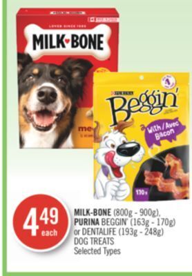 Shoppers Drug Mart Milk-bone (800g - 900g), purina beggin' (163g - 170g) or dentalife (193g - 248g) dog treats offer