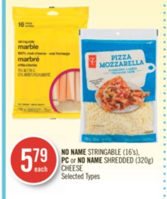 Shoppers Drug Mart No name stringable (16's), pc or no name shredded (320g) cheese offer