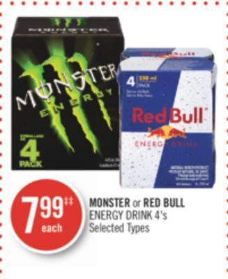 Shoppers Drug Mart Monster or red bull energy drink 4's offer