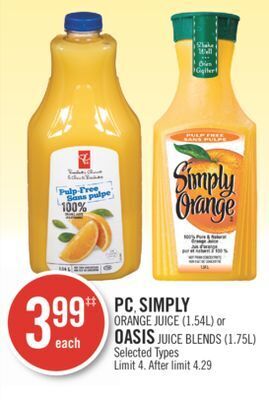 Shoppers Drug Mart Pc, simply orange juice (1.54l) or oasis juice blends (1.75l) offer