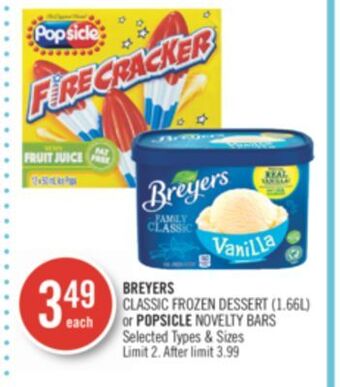 Shoppers Drug Mart Breyers classic frozen dessert (1.66l) or popsicle novelty bars offer